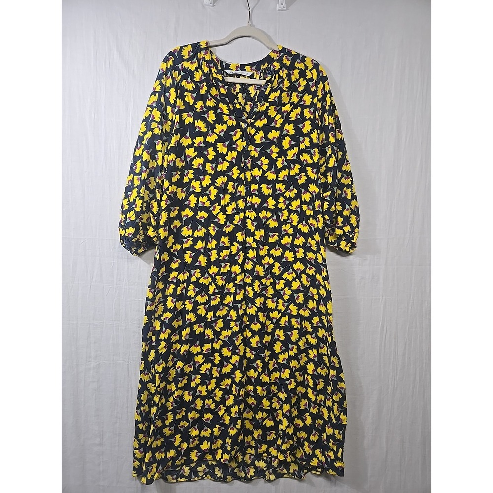 Zara Yellow Navy Floral Print Half Button Front Midi Dress Size XL 3/4 Sleeves
